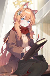 Rule 34 | 1girl, absurdres, animal ear fluff, animal ears, black pantyhose, black skirt, blue archive, blue eyes, blush, book, brown coat, brown sweater, coat, feet out of frame, flower, hair flower, hair ornament, halo, highres, holding, holding book, long hair, long sleeves, mari (blue archive), muo (muojjang 0929), orange hair, pantyhose, parted lips, sitting, skirt, solo, sweater, white flower, yellow halo