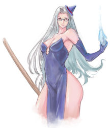 Rule 34 | 1girl, a ichiro, bad id, bad pixiv id, bare shoulders, black-framed eyewear, black dress, black gloves, blue fire, breasts, character request, cleavage, copyright request, covered navel, dress, elbow gloves, fire, glass, gloves, grey hair, large breasts, long hair, looking at viewer, simple background, smile, solo, strapless, strapless dress, very long hair, white background, yellow eyes
