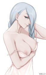 Rule 34 | 1girl, arm under breasts, artist name, bare arms, bare shoulders, braid, braided bangs, breasts, cleavage, dress, highres, jujutsu kaisen, large breasts, long hair, mei mei (jujutsu kaisen), nipples, no bra, profile, shellvi, silver hair, simple background, smile, solo, strap slip, upper body, white background