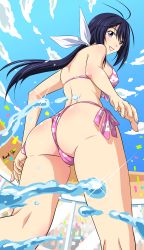 Rule 34 | 10s, 1girl, absurdres, antenna hair, ass, audience, bikini, black hair, blue eyes, breasts, cloud, day, from behind, from below, grin, highres, kaminashi nozomi, keijo!!!!!!!!, lens flare, long hair, medium breasts, outdoors, ponytail, side-tie bikini bottom, signature, sky, smile, solo, strap gap, swimsuit, tan (knock up), water