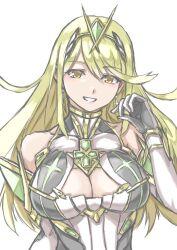 Rule 34 | 1girl, bare shoulders, blonde hair, breasts, cleavage, collarbone, commentary request, covered collarbone, cross, cross earrings, earrings, elbow gloves, gloves, hand up, headpiece, highres, jewelry, large breasts, leotard, long hair, looking at viewer, mota saru, mythra (xenoblade), simple background, smile, solo, upper body, very long hair, white background, white gloves, white leotard, xenoblade chronicles (series), xenoblade chronicles 2