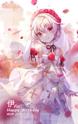 Rule 34 | 1girl, absurdres, ai xiao meng, bare shoulders, bridal veil, closed mouth, cross, dress, flower, hair between eyes, hair flower, hair ornament, highres, honkai (series), honkai impact 3rd, looking at viewer, petals, red eyes, red flower, red rose, rose, smile, solo, theresa apocalypse, theresa apocalypse (luna kindred), veil, wedding dress, white dress, white hair, white sleeves