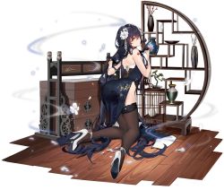 Rule 34 | 1girl, absurdly long hair, ass, azuma (azur lane), azuma (soft voice of spring) (azur lane), azur lane, bare shoulders, bent over, birdcage, black dress, black gloves, black hair, black thighhighs, breasts, cage, chinese clothes, dress, flower, garter belt, gloves, hair between eyes, hair flaps, hair flower, hair ornament, half gloves, high heels, highres, kishiyo, kneeling, large breasts, long hair, looking at viewer, looking back, official alternate costume, official art, orange eyes, pumps, sakura empire (emblem), side slit, solo, tattoo, thighhighs, transparent background, vase, very long hair