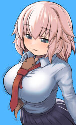 Rule 34 | 1girl, animal, animal in clothes, between breasts, black skirt, blue background, breasts, collared shirt, commentary request, dress shirt, green eyes, hair between eyes, highres, large breasts, m.m, necktie, original, parted lips, pleated skirt, red necktie, shirt, simple background, skirt, smile, solo, tsuchinoko, white shirt