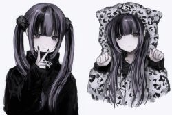 Rule 34 | 1girl, animal hood, animal print, bad id, bad twitter id, black hair, black jacket, black nails, blunt bangs, cat hood, chan8016, closed mouth, cropped torso, hand up, hands up, highres, hood, inactive account, jacket, leopard print, long hair, long sleeves, looking at viewer, mole, mole under eye, multicolored hair, multiple views, nail polish, original, paw pose, purple hair, sidelocks, smile, streaked hair, twintails, upper body, v, v over mouth, white jacket