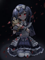 Rule 34 | 1girl, absurdres, black background, bow, center frills, closed mouth, dress, frilled dress, frills, gothic lolita, grey bow, hair bow, highres, idolmaster, idolmaster shiny colors, lolita fashion, long hair, looking at viewer, morino rinze, petals, red eyes, ribbon, seiza, sitting, solo, stuffed animal, stuffed toy, sylph kim, white bow, white legwear, white ribbon