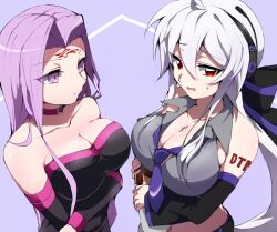 Rule 34 | 2girls, ahoge, bare shoulders, blush, bottle, bow, breasts, cleavage, collar, commentary, commission, crop top, detached sleeves, dress, facial mark, fate/stay night, fate (series), forehead, forehead mark, grey shirt, headphones, headset, highres, large breasts, long hair, long sleeves, medusa (fate), medusa (rider) (fate), midriff, multiple girls, necktie, open mouth, ponytail, purple collar, purple eyes, purple hair, purple necktie, red eyes, ribbon, sake bottle, shirt, skeb commission, square pupils, strapless, strapless dress, toyosu, tube dress, very long hair, vocaloid, white hair, yowane haku