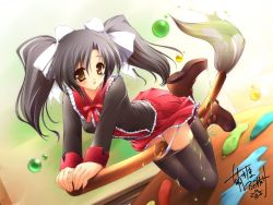 Rule 34 | 1girl, art brush, black hair, broom, broom riding, canvas (object), canvas sepia iro no motif, original, paintbrush, solo, thighhighs, twintails