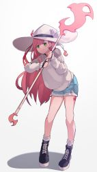 Rule 34 | 1girl, absurdres, black footwear, blush, closed mouth, facial mark, green eyes, h.pn, hat, highres, holding, holding staff, long hair, original, pink hair, purple pupils, short shorts, shorts, sleeves past wrists, smile, socks, solo, staff, standing, symbol-shaped pupils, triangle-shaped pupils, white hat, witch, witch hat