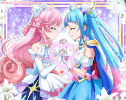 Rule 34 | 2girls, ahoge, ascot, blue dress, blue hair, bow, butterfly ornament, closed eyes, closed mouth, commentary, cure prism, cure sky, cut bangs, dated, detached sleeves, dress, earclip, elbow gloves, fingerless gloves, flower, from side, gloves, hair bow, hanzou, heart, highres, hirogaru sky! precure, holding hands, interlocked fingers, layered dress, light particles, lily (flower), long hair, medium dress, multicolored hair, multiple girls, nijigaoka mashiro, pink hair, precure, puffy detached sleeves, puffy sleeves, short dress, sleeveless, sleeveless dress, smile, sora harewataru, sparkle, standing, streaked hair, twintails, twitter username, very long hair, white ascot, white bow, white dress, white flower, white gloves, wing hair ornament, yuri