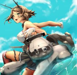 Rule 34 | 10s, 1girl, armpits, breasts, brown hair, chain, gloves, green eyes, hairband, kantai collection, large breasts, machinery, mutsu (kancolle), open mouth, pekoneko, short hair, sideboob, solo, thighhighs, turret, water