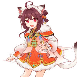 Rule 34 | 1girl, ahoge, animal ears, bell, brown hair, cat ears, cat girl, cat tail, commentary request, dress, feet out of frame, fur-trimmed dress, fur trim, hyoukai720, ichihime, jingle bell, long sleeves, looking at viewer, mahjong soul, maid headdress, medium hair, neck bell, open mouth, orange dress, pinafore dress, pink vest, red eyes, shirt, sidelocks, simple background, sleeveless, sleeveless dress, smile, solo, standing, tail, tassel, vest, white background, white shirt