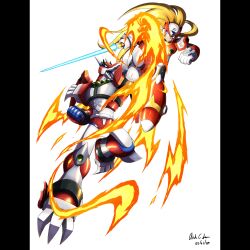 Rule 34 | 2boys, absurdres, android, armor, blonde hair, chest jewel, clenched hands, dated, dragon, energy sword, fighting, flaming hand, forehead jewel, full body, helmet, highres, holding, holding sword, holding weapon, humanoid robot, innovator123, long hair, magma dragoon (mega man), male focus, mechanical wings, mega man (series), mega man x4, mega man x (series), multiple boys, non-humanoid robot, open mouth, pillarboxed, red armor, red helmet, robot, robot dragon, sharp teeth, shoulder armor, shouryuuken, simple background, sword, teeth, uppercut, weapon, white background, wings, z saber, zero (mega man)
