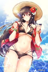 Rule 34 | 1girl, :o, artist name, bangle, bare shoulders, bikini, black bikini, black choker, black hair, black ribbon, blush, bracelet, breasts, choker, cleavage, cloud, cloudy sky, commentary request, day, earrings, floral print, flower, flower earrings, from below, glint, hair between eyes, hair flower, hair ornament, hat, hawaiian shirt, highres, iris yuma, jewelry, korean commentary, large breasts, long hair, looking at viewer, looking down, maett, multi-strapped bikini, off shoulder, open clothes, open shirt, outdoors, parted lips, red eyes, red flower, red shirt, ribbon, shirt, short sleeves, side-tie bikini bottom, sky, solo, soulworker, sparkle, star (symbol), string bikini, sun, sun hat, swimsuit, thigh gap, thighs, underboob, undressing, v-shaped eyebrows, very long hair, water drop, white flower, wristband