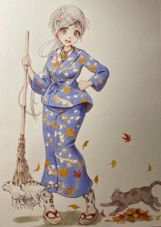 Rule 34 | 1girl, 2cats, autumn, autumn leaves, blouse, broom, brown cat, cat, chasing, chitose (kancolle), grey eyes, grey hair, hair ornament, hair ribbon, hairclip, hand on own hip, headband, highres, japanese clothes, kantai collection, kimono, long hair, looking down, open mouth, ponytail, ribbon, sandles, shirt, signature, simple background, smile, tabi, tassle, white cat