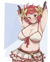 Rule 34 | 1girl, absurdres, armpit crease, armpits, bikini, bra, breasts, brown eyes, closed mouth, cygames, draph, embarrassed, granblue fantasy, highres, horns, large breasts, looking at viewer, navel, red hair, sexually suggestive, short hair, sturm (granblue fantasy), swimsuit, underwear, white bikini