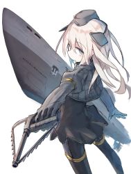 Rule 34 | 1girl, beize (garbage), blonde hair, blue eyes, commentary, cropped jacket, garrison cap, hat, kantai collection, kriegsmarine, long hair, looking at viewer, military, military uniform, pantyhose, puffy sleeves, simple background, solo, submarine, thighhighs, u-511 (kancolle), uniform, watercraft, white background