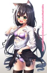 Rule 34 | 1girl, ^^^, animal ear fluff, animal ears, bad id, bad pixiv id, black cardigan, black hair, black thighhighs, blush, bow, bow bra, bow panties, bra, breasts, cardigan, cardigan around waist, cat ears, cat girl, cat tail, clothes around waist, collarbone, collared shirt, dress shirt, fang, gradient background, green eyes, grey background, grey skirt, hair between eyes, hair ribbon, highres, karyl (princess connect!), long hair, looking at viewer, low twintails, multicolored hair, panties, plaid, plaid skirt, pleated skirt, princess connect!, purple bra, purple panties, ramchi, red ribbon, ribbon, shirt, skindentation, skirt, small breasts, solo, streaked hair, sweat, tail, tail raised, thighhighs, torn clothes, torn shirt, torn skirt, translation request, twintails, underwear, very long hair, white background, white hair, white shirt