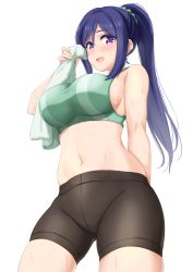 Rule 34 | 1girl, arm behind back, bare shoulders, bike shorts, blue hair, blush, breasts, commentary, cowboy shot, drying, green scrunchie, green sports bra, groin, hair between eyes, hair ornament, hair scrunchie, highres, holding, holding towel, kibihimi, large breasts, long hair, looking at viewer, love live!, love live! sunshine!!, matsuura kanan, midriff, navel, open mouth, ponytail, purple eyes, scrunchie, sideboob, sidelocks, simple background, skindentation, solo, sports bra, standing, sweat, taut clothes, towel, white background
