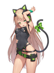 Rule 34 | 1girl, absurdres, animal ears, armband, armpits, arms up, belt, bottomless, breasts, brown hair, cat ears, cat tail, contrapposto, convenient censoring, covered navel, cowboy shot, fake animal ears, fangs, girls&#039; frontline, green eyes, headphones, highres, impossible clothes, impossible leotard, leotard, long hair, medium breasts, mokew, open mouth, restrained, ribbon, sidelocks, skin tight, solo, tail, tail ornament, tail ribbon, teardrop, thighs, tmp (girls&#039; frontline), torn clothes, torn leotard, very long hair