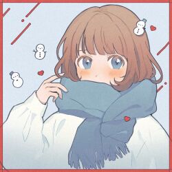 Rule 34 | 1girl, black outline, blue background, blue eyes, blue scarf, blunt bangs, blush, border, brown hair, colored eyelashes, commentary request, covered mouth, fingernails, hair ornament, hand up, heart, long sleeves, looking at viewer, nahara saki, original, outline, puffy long sleeves, puffy sleeves, red border, scarf, short hair, sleeves past wrists, snowman hair ornament, solo, sweater, upper body, white sweater