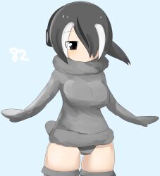 Rule 34 | 1girl, alternate costume, bird tail, black hair, blue background, blush, breasts, brown eyes, closed mouth, commentary request, cowboy shot, emperor penguin (kemono friends), expressionless, eyes visible through hair, fur sweater, grey panties, grey sweater, grey thighhighs, hair between eyes, hair over one eye, headphones, kemono friends, large breasts, lets0020, long bangs, looking at viewer, multicolored hair, numbered, panties, short hair, simple background, solo, streaked hair, sweater, tail, thighhighs, underwear, white hair