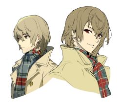 Rule 34 | 1boy, akechi gorou, brown hair, closed mouth, coat, hair between eyes, looking at viewer, male focus, multiple views, persona, persona 5, plaid, plaid scarf, red eyes, scarf, simple background, um zum, upper body, white background, yellow coat