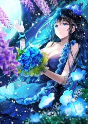 Rule 34 | 1girl, aile (crossroads), black hair, blue dress, blue eyes, blue flower, blue hair, blurry, bouquet, breasts, cleavage, collarbone, depth of field, dress, dutch angle, flower, hair between eyes, highres, holding, holding bouquet, large breasts, layered dress, long hair, lying, moon, multicolored hair, nemophila (flower), night, on back, original, outdoors, parted lips, purple flower, sleeveless, sleeveless dress, solo, sparkle, striped clothes, striped dress, two-tone hair, very long hair, wrist cuffs