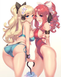Rule 34 | 2girls, :d, absurdres, akino (princess connect!), akino (summer) (princess connect!), armlet, ass, bare arms, bare shoulders, bikini, black bow, blonde hair, blue bikini, blue eyes, blush, bow, breast press, breasts, cameltoe, cleft of venus, closed mouth, closed umbrella, commentary request, cowboy shot, flower, from behind, from side, hair bow, hair flower, hair ornament, hand on own thigh, highleg, highleg bikini, highleg swimsuit, highres, holding, holding own arm, holding umbrella, large breasts, long hair, looking at viewer, multiple girls, one-piece swimsuit, open mouth, parted bangs, pointy ears, ponytail, princess connect!, red eyes, red hair, red one-piece swimsuit, saren (princess connect!), saren (summer) (princess connect!), sgt-jz, side-tie bikini bottom, sideboob, simple background, smile, standing, swimsuit, symmetrical docking, umbrella, very long hair, white background, white bow, white flower, wristband