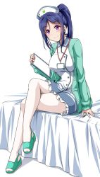 Rule 34 | 10s, 1girl, aqua sweater, blue hair, cardigan, clipboard, collared dress, commentary request, crossed legs, dress, frilled dress, frills, hat, highres, lanyard, long hair, long sleeves, looking at viewer, love live!, love live! school idol festival, love live! sunshine!!, matsuura kanan, name tag, nurse, nurse cap, on bed, pantyhose, pen, ponytail, purple eyes, sandals, sidelocks, sitting, slippers, smile, solo, sweater, white pantyhose, yopparai oni