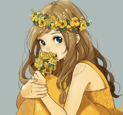Rule 34 | 1girl, bare arms, bare shoulders, blue background, blue eyes, blush, bouquet, brown hair, dress, flower, from side, highres, holding, holding bouquet, long hair, original, sako (35s 00), simple background, sitting, smile, solo, wreath, yellow dress