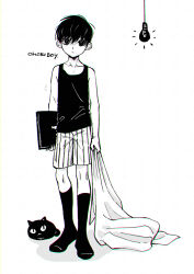 1boy cat character_name collarbone computer greyscale highres holding holding_laptop kneehighs laptop light_bulb looking_at_viewer male_focus mewo monochrome omori omoriboy short_hair shorts simple_background socks solo standing striped_clothes striped_shorts tank_top toastytoast vertical-striped_clothes vertical-striped_shorts