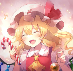 Rule 34 | 1girl, 60mai, ascot, blonde hair, blush, christmas, christmas ornaments, closed eyes, crystal, eighth note, fang, flandre scarlet, hair between eyes, hat, holding, long hair, mob cap, musical note, one side up, open mouth, puffy short sleeves, puffy sleeves, red vest, shirt, short sleeves, smile, solo, touhou, vest, white hat, white shirt, wings, yellow ascot