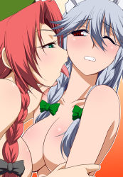 Rule 34 | 2girls, arm grab, bad id, bad pixiv id, blush, braid, breasts, embodiment of scarlet devil, female focus, green eyes, hat, hayashi custom, hong meiling, izayoi sakuya, large breasts, licking, licking another&#039;s neck, maid headdress, multiple girls, nude, one eye closed, red eyes, red hair, silver hair, tongue, touhou, twin braids, wink, yuri