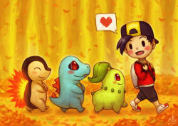 Rule 34 | 1boy, autumn leaves, backpack, backwards hat, bag, baseball cap, black hair, blush, chikorita, closed eyes, commentary, creature, creatures (company), cyndaquil, english commentary, ethan (pokemon), fangs, following, from side, game freak, gen 2 pokemon, hat, heart, highres, long sleeves, nintendo, outdoors, pokemon, pokemon (creature), pokemon following person, pokemon hgss, profile, red eyes, ry-spirit, shoes, signature, spoken heart, starter pokemon trio, totodile, walking