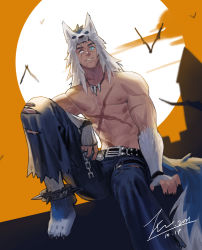 Rule 34 | 1boy, abs, artist name, bara, bat (animal), biceps, black nails, blue eyes, castle, chain, cloud, cloudy sky, cuffs, dungeon and fighter, tooth necklace, fighter (dungeon and fighter), halloween, hand on own knee, heterochromia, highres, jewelry, jin (sirius-j), large pectorals, leather, leather belt, looking at viewer, male focus, manly, mature male, moon, muscular, muscular male, nail polish, necklace, night, night sky, nipples, pants, pectorals, scar, scar across eye, scar on arm, scar on chest, scar on face, sitting, sky, solo, spiked hair, thick arms, thick eyebrows, torn clothes, veins, veiny arms, werewolf, white eyes, white fur, wolf mask