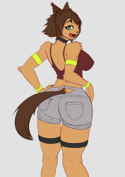 Rule 34 | 10s, 1girl, animal ears, artist request, between legs, blush, breasts squeezed together, breasts, brown hair, claws, cleavage, dog ears, dog tail, english text, fang, fangs, female focus, flat color, furry, furry female, grey eyes, heart, jewelry, kobold, leaning forward, light brown hair, looking at viewer, messy hair, monster girl, monster musume no iru nichijou, name tag, necklace, open mouth, polt, short hair, short shorts, shorts, simple background, smile, solo, spoken heart, sweatband, tail, tail wagging, tank top, wet nose, wide hips