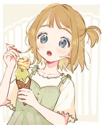 Rule 34 | 1girl, :o, blue eyes, blush, brown hair, dress, earrings, food, highres, holding, holding food, holding ice cream, holding spoon, ice cream, ice cream cone, jewelry, mameyanagi, nail polish, one side up, open mouth, original, pinafore dress, short hair, short ponytail, short sleeves, sleeveless, sleeveless dress, solo, spoon, sweat, triple scoop