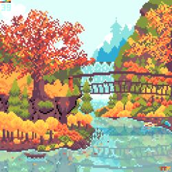 autumn autumn_leaves blue_sky boat bridge bush cloud highres mountain no_humans original pixel_art plant reflection reflective_water river riverbank rope_bridge scenery sky tomoruka_mr tree water watercraft waterfall