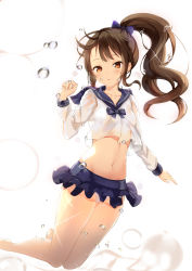 Rule 34 | 1girl, :o, airool, bikini, bikini bottom only, blue bow, blue sailor collar, blue skirt, blush, bow, breasts, brown eyes, brown hair, bubble, commentary request, hair bow, hand up, high ponytail, highres, long hair, long sleeves, looking at viewer, midriff, narrow waist, navel, original, parted lips, pleated skirt, sailor collar, school uniform, see-through, serafuku, shirt, side ponytail, simple background, skirt, small breasts, solo, swimsuit, wet, wet clothes, wet shirt, white background, white bikini, white shirt