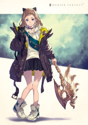 Rule 34 | 1girl, animal, animal ears, axe, blonde hair, blue eyes, braid, braided bangs, cat, cat ears, choker, crown braid, full body, highres, holding, holding animal, holding cat, holding weapon, hood, hoodie, jacket, knees together feet apart, kusano shinta, looking at viewer, miniskirt, original, pouch, shoes, skirt, smile, solo, standing, thighs, weapon