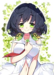 Rule 34 | 1girl, absurdres, bare arms, bare shoulders, black hair, breasts, closed mouth, clover, commentary request, dress, four-leaf clover, green eyes, hand up, headphones, headphones around neck, highres, holding, kyoumachi seika, medium breasts, milkpanda, navel, necktie, red necktie, sleeveless, sleeveless dress, smile, solo, thick eyebrows, upper body, voiceroid, white dress