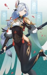 Rule 34 | 1girl, black bodysuit, black gloves, blue eyes, bodysuit, braid, bridal legwear, closed mouth, commentary request, detached sleeves, feet out of frame, genshin impact, gloves, grey hair, hair over one eye, high heels, highres, hip vent, holding, long hair, long sleeves, mobu (wddtfy61), partially fingerless gloves, petals, puffy long sleeves, puffy sleeves, shenhe (genshin impact), single braid, smile, solo, standing, standing on one leg, very long hair, white footwear, white sleeves