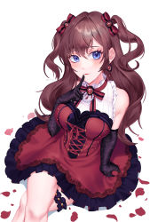 Rule 34 | 1girl, aete, black gloves, blue eyes, bow, brown hair, crossed legs, dress, earrings, elbow gloves, finger to mouth, floating hair, gloves, hair between eyes, hair bow, hair intakes, highres, ichinose shiki, idolmaster, idolmaster cinderella girls, index finger raised, jewelry, layered dress, long hair, looking at viewer, pinafore dress, red bow, red dress, short dress, simple background, sitting, sleeveless, sleeveless dress, solo, thigh strap, twintails, twitter username, very long hair, white background