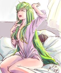 Rule 34 | 1boy, 1girl, 2018, arm up, bed sheet, breasts, brown hair, c.c., cleavage, code geass, curtains, dated, dress shirt, closed eyes, green hair, lelouch vi britannia, long hair, long sleeves, medium breasts, naked shirt, open clothes, open mouth, open shirt, pillow, pink shirt, roman buriki, shirt, signature, sitting, sketch, stretching, tears, under covers, very long hair, yawning