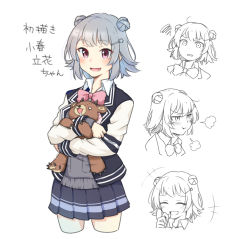 Rule 34 | +++, 1girl, blue skirt, blush, commentary, cowboy shot, cropped legs, double bun, expressionless, grey hair, grey shirt, hair bun, hair ornament, hairclip, highres, holding, holding stuffed toy, jacket, koharu rikka, lakiston, laughing, miniskirt, multiple views, open mouth, pleated skirt, puff of air, purple eyes, school uniform, shirt, shiyoheee, short hair, skirt, smile, squiggle, stuffed animal, stuffed toy, teddy bear, translated, v-shaped eyebrows, voiceroid, white background