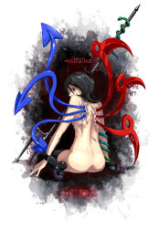 Rule 34 | 1girl, ass, asymmetrical wings, back, black hair, black thighhighs, feet, female focus, houjuu nue, looking back, nude, oso (toolate), polearm, red eyes, short hair, sitting, snake, solo, spear, thighhighs, touhou, trident, wariza, weapon, wings