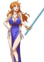 Rule 34 | 1girl, bare shoulders, blue dress, bracelet, breasts, brown eyes, cleavage, curvy, dress, female focus, hands on own hips, highres, hip focus, holding, huge breasts, jewelry, kyabakurabakufu, long hair, nami (one piece), one piece, open mouth, orange hair, source request, staff, tattoo, teeth, thighs, tongue, white background