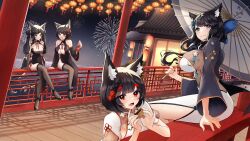 Rule 34 | 4girls, absurdly long hair, absurdres, aerial fireworks, alternate costume, animal ears, architecture, azur lane, bare shoulders, black dress, blue eyes, blue flower, breasts, cat ears, cat girl, center opening, china dress, chinese clothes, cleavage, crossed legs, detached sleeves, double bun, dress, east asian architecture, fang, fireworks, flower, from side, full body, fusou (azur lane), fusou (meta) (azur lane), fusou (the celebration of spring) (azur lane), grey thighhighs, hair bun, hair flower, hair ornament, highres, holding, holding umbrella, lantern, large breasts, long hair, long sleeves, looking at viewer, multiple girls, official alternate costume, oil-paper umbrella, on railing, open mouth, outdoors, paper lantern, paw print, pelvic curtain, purple dress, railing, red eyes, short hair, short sleeves, sitting, skin fang, sleeves past elbows, talking, thighhighs, twintails, two-tone dress, umbrella, very long hair, white dress, yamaha tsui, yamashiro (azur lane), yamashiro (meta) (azur lane)