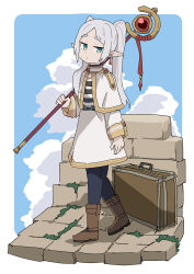 Rule 34 | 1girl, absurdres, belt, black pantyhose, blue sky, boots, brown footwear, capelet, cloud, cloudy sky, commentary, dangle earrings, dress, earrings, elf, forehead, frieren, full body, green eyes, grey hair, highres, holding, holding staff, jewelry, knee boots, long hair, long sleeves, looking at viewer, mage staff, outdoors, pantyhose, parted bangs, pointy ears, sidelocks, sky, solo, sousou no frieren, staff, standing, standing on one leg, suitcase, tenten (chan4545), thick eyebrows, twintails, white capelet, white dress